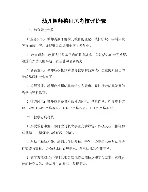 幼儿园师德师风考核评价表