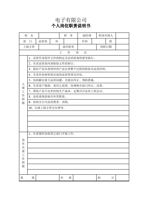 电子有限公司-岗位职责说明书