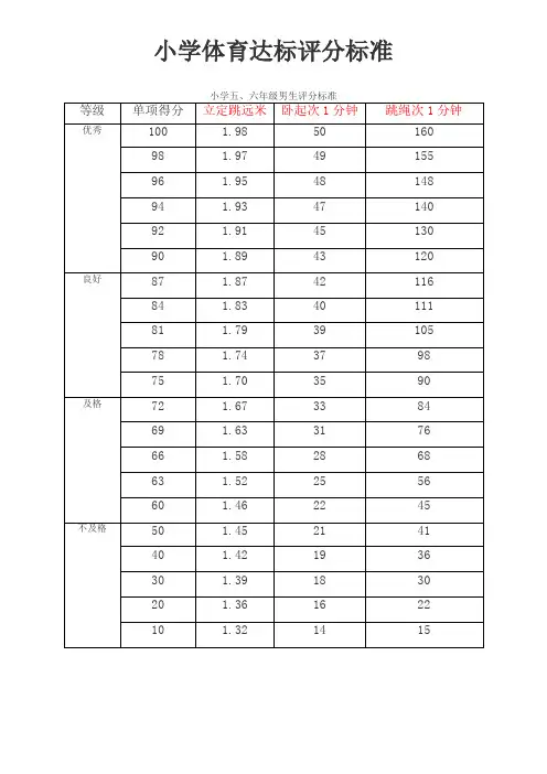 小学体育达标评分标准全面