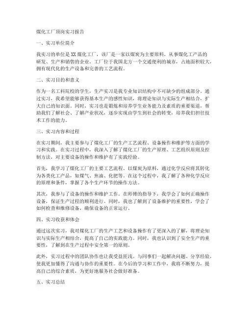 煤化工厂顶岗实习报告