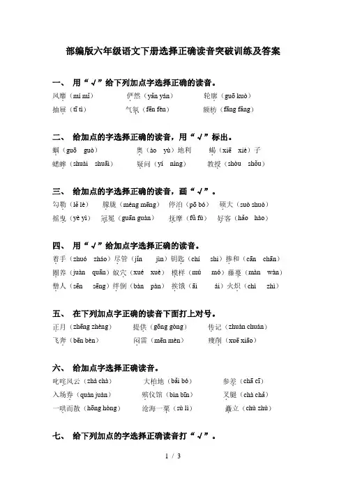 部编版六年级语文下册选择正确读音突破训练及答案