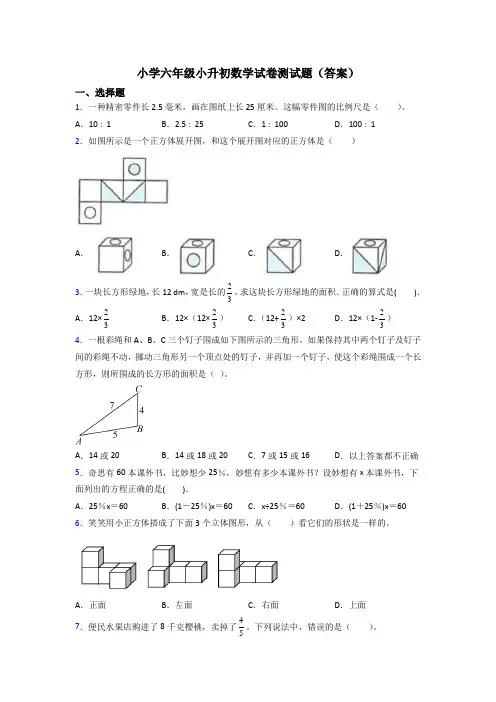 小学六年级小升初数学试卷测试题(答案)