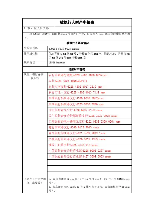 被执行人财产申报表模板最新