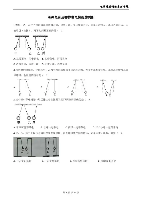 2019华师版科学八年级下册电学通关训练系列专题1----两种电荷及物体带电情况的判断(含答案)