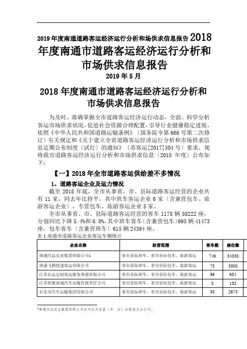 2019年度南通道路客运经济运行分析和场供求信息报告