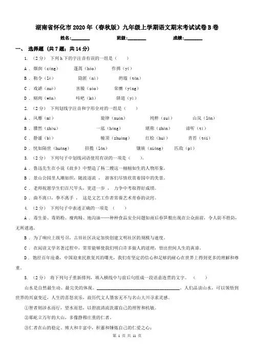 湖南省怀化市2020年(春秋版)九年级上学期语文期末考试试卷B卷