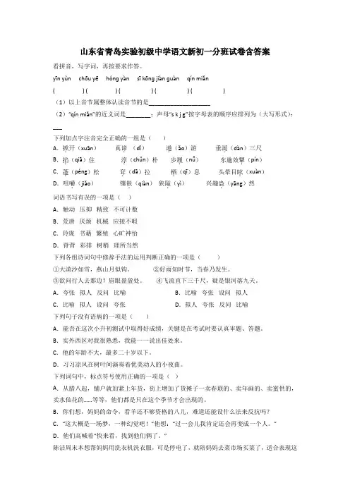 山东省青岛实验初级中学语文新初一分班试卷含答案