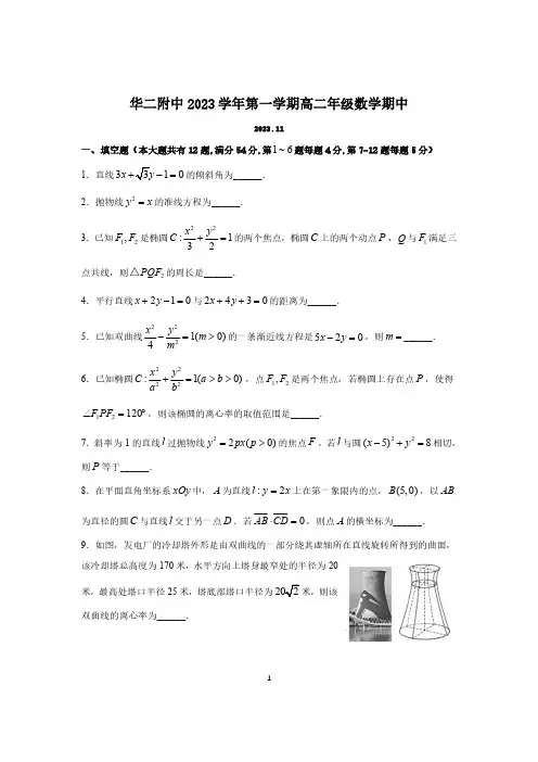 2023-2024学年上海华二附中高二上学期期中数学试卷及答案(2023.11)