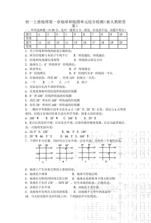 初一上册地理第一章地球和地图单元综合检测新人教附答案