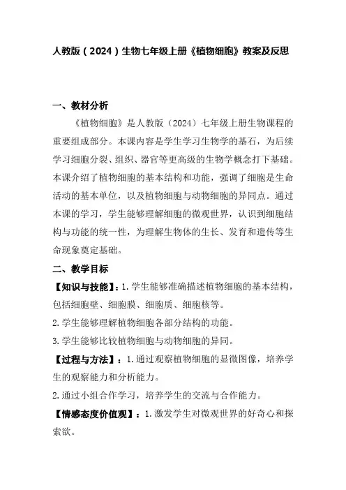 1.2.2植物细胞教案-2024--2025学年人教版生物七年级上册