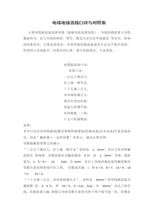 电缆电线选线口诀与对照表