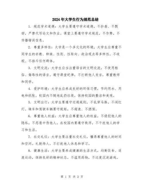 2024年大学生行为规范总结