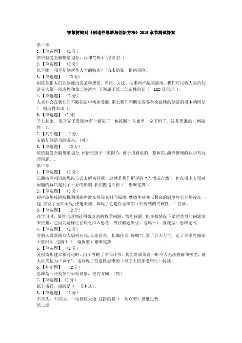 智慧树知到《创造性思维与创新方法》2019章节测试答案