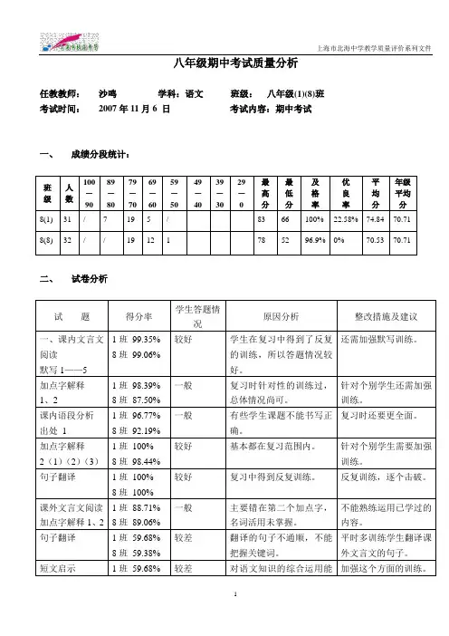 关于八年级期中考试质量分析