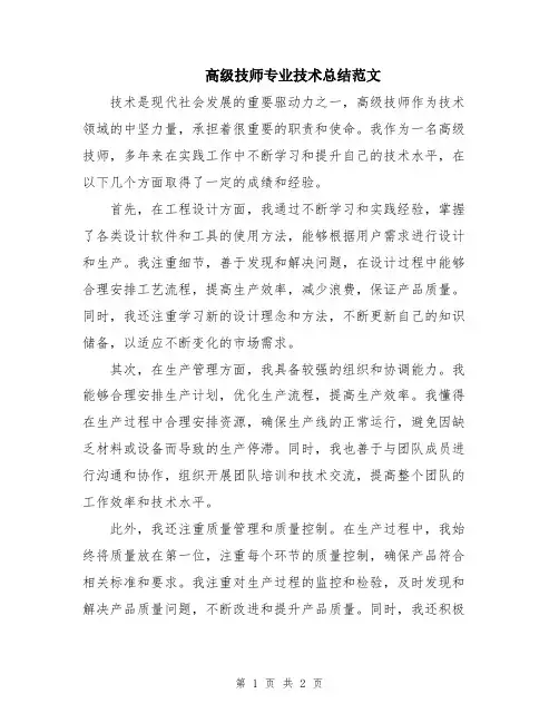 高级技师专业技术总结范文