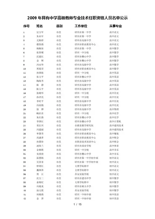具有中学高级教师专业技术任职资格人员名单公示