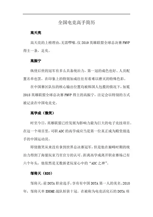 全国电竞高手简历