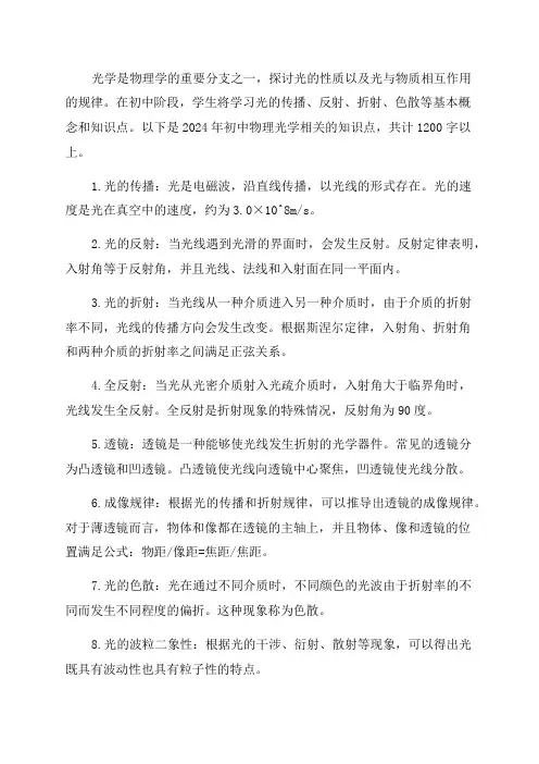 2024年初中物理光学相关知识点