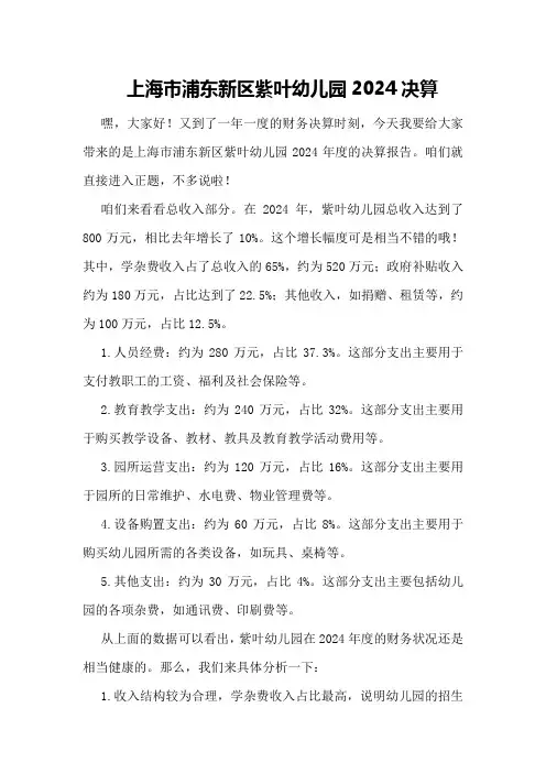 上海市浦东新区紫叶幼儿园2024决算