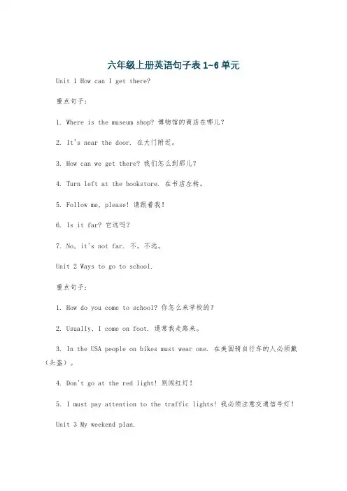 六年级上册英语句子表1~6单元