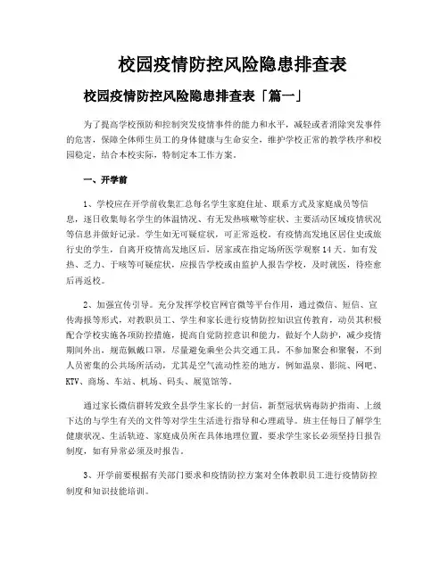 校园疫情防控风险隐患排查表