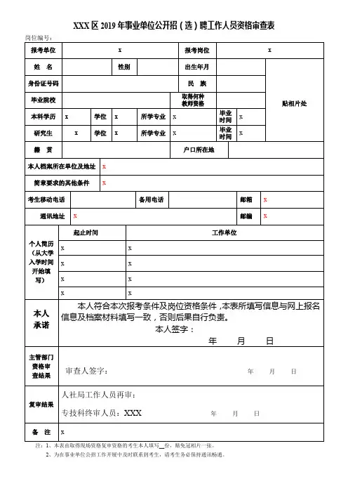 区2019年事业单位公开招(选)聘工作人员资格审查表【模板】