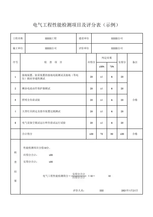 电气工程性能检测项目及评分表(示例)