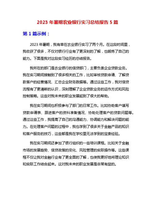 2023年暑期农业银行实习总结报告5篇