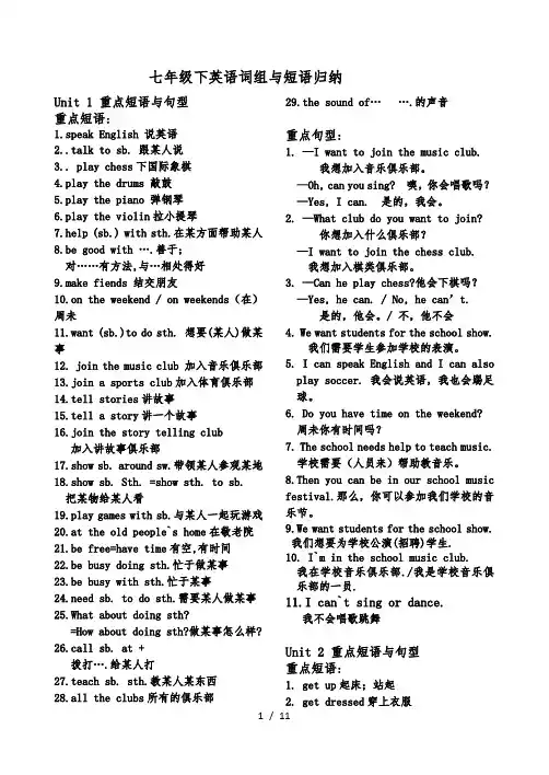 七年级下英语词组及短语归纳