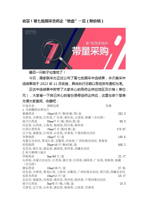官宣！第七批国采各药企“地盘”一览（附价格）