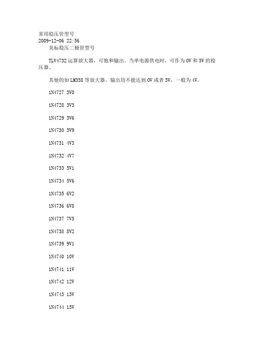 常用稳压管型号参数大全
