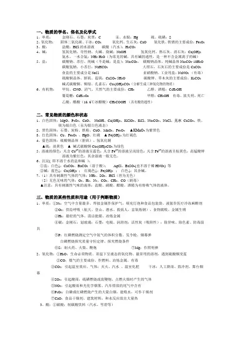 (完整版)初中化学推断题常用知识点