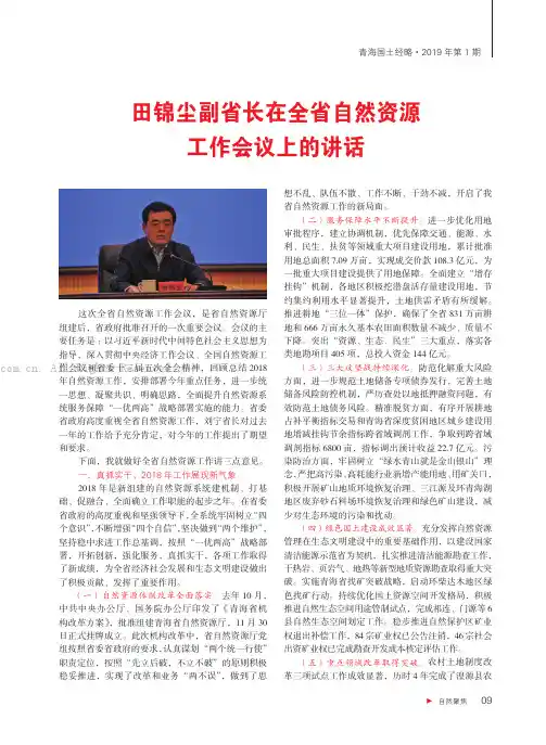 田锦尘副省长在全省自然资源工作会议上的讲话
