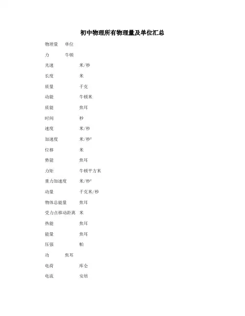 初中物理所有物理量及单位汇总