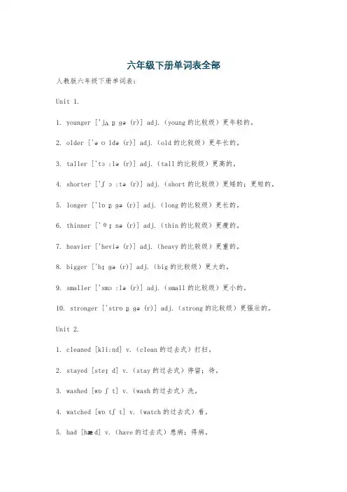 六年级下册单词表全部