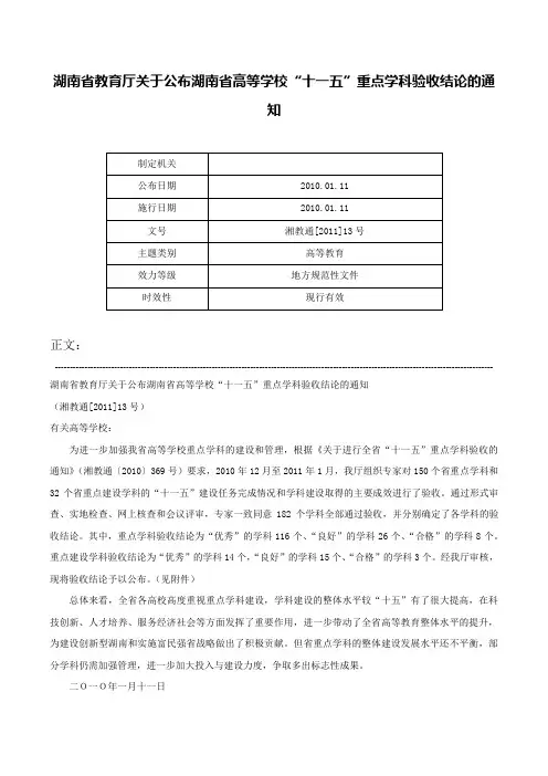 湖南省教育厅关于公布湖南省高等学校“十一五”重点学科验收结论的通知-湘教通[2011]13号