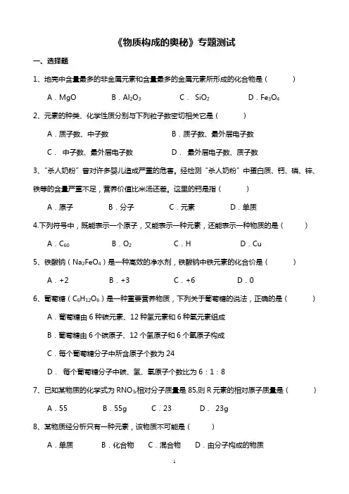 《物质构成的奥秘》专题测试