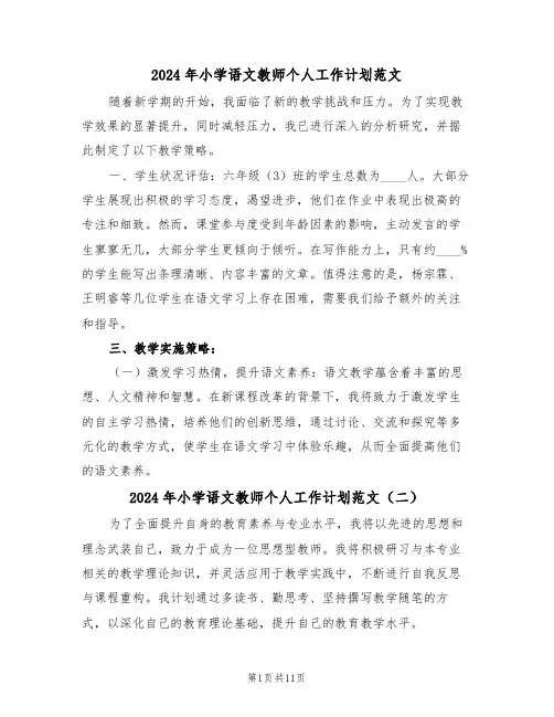 2024年小学语文教师个人工作计划范文（六篇）