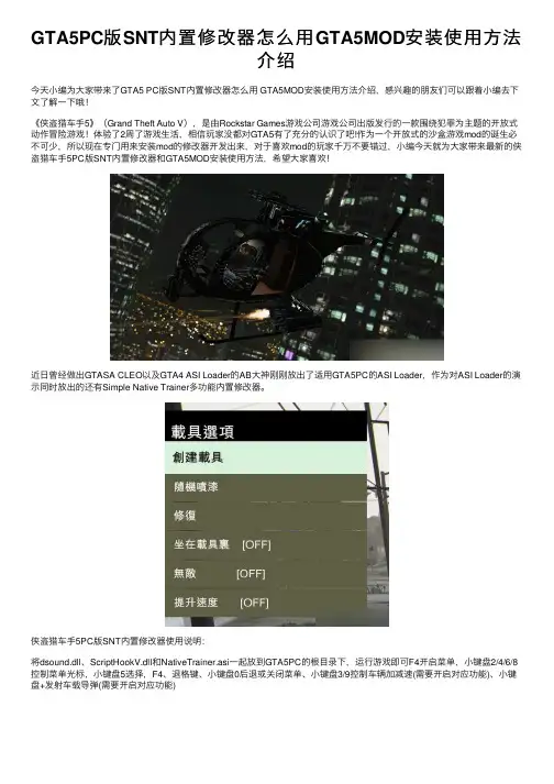 GTA5PC版SNT内置修改器怎么用GTA5MOD安装使用方法介绍