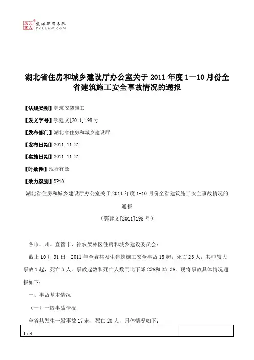 湖北省住房和城乡建设厅办公室关于2011年度1―10月份全省建筑施工