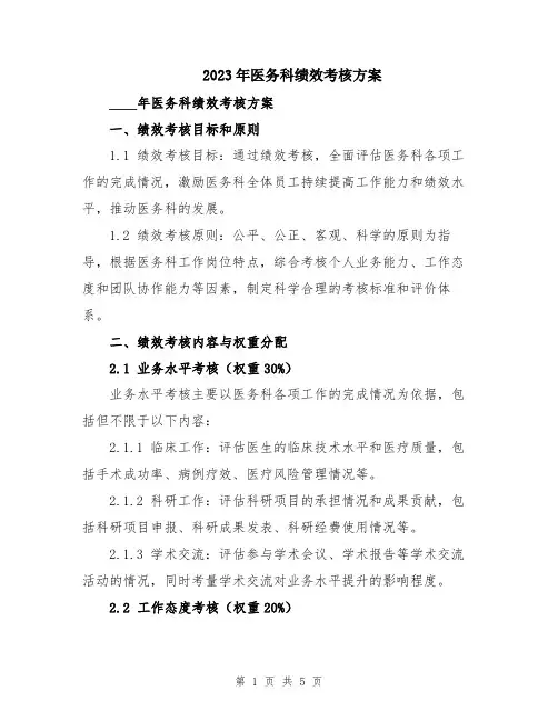 2023年医务科绩效考核方案