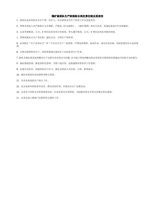 煤矿综采队生产班班组长岗位责任制反思报告