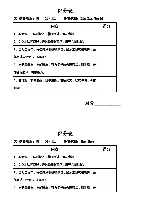 英语歌曲大合唱评分表