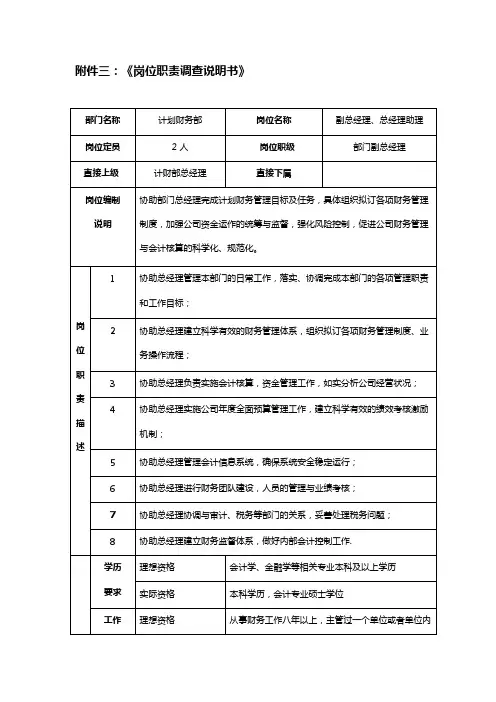 XX证券公司部门副总经理、总经理助理岗岗位职责调查说明书