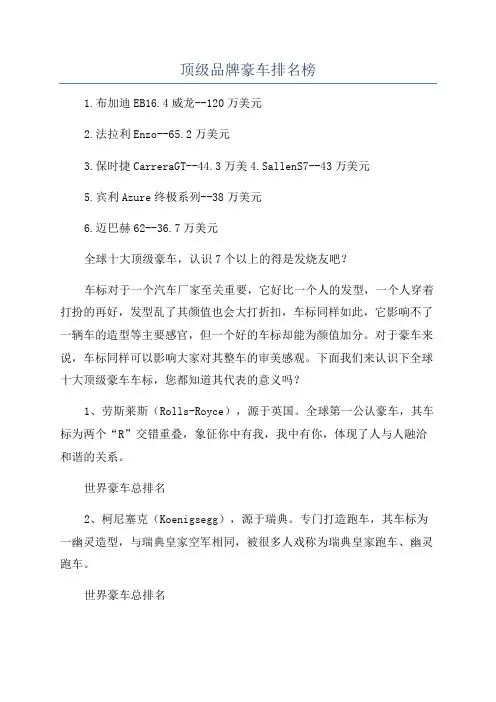 顶级品牌豪车排名榜