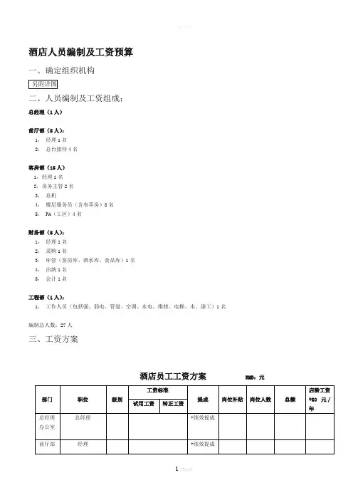 酒店人员编制及工资预算
