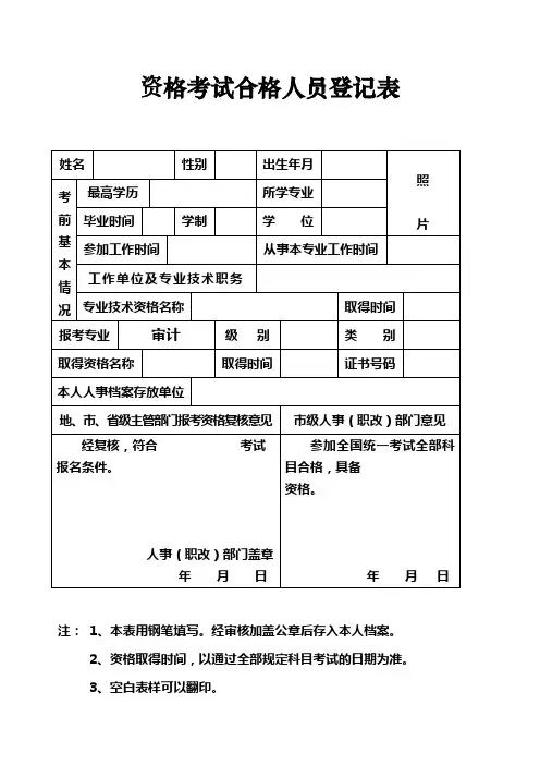 资 格 考 试 合 格 人 员 登 记 表