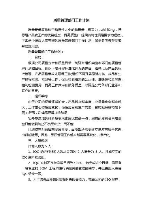 质量管理部门工作计划