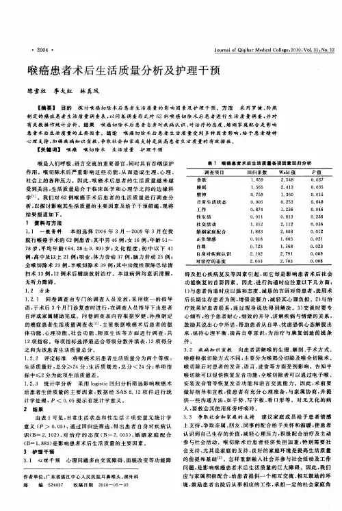 喉癌患者术后生活质量分析及护理干预