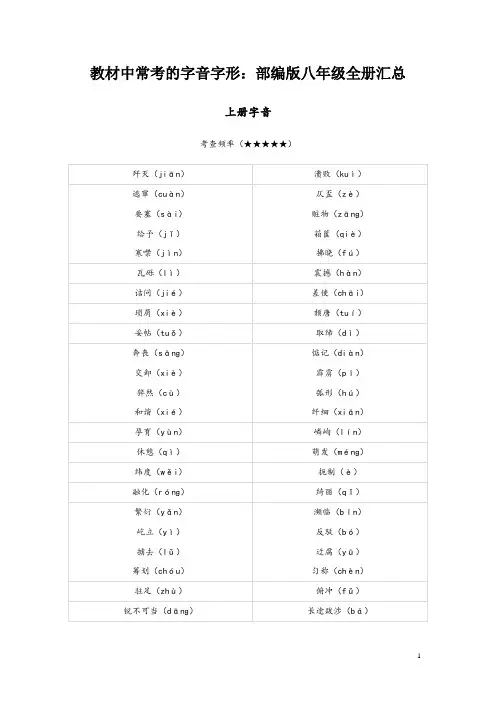 教材中常考的字音字形：部编版八年级全册汇总